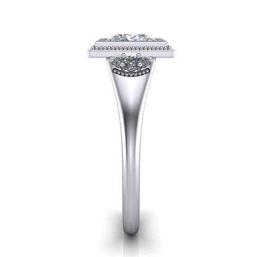 Elliana princess bezel-set solitaire engagement ring in Platinum with squared milgrain bezel and pavé shoulders, side profile showing the milgrain bezel and split gallery