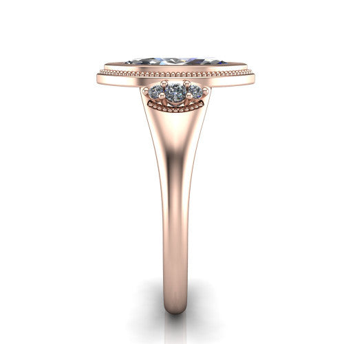 Elliana marquise bezel-set solitaire engagement ring in 18K Rose Gold with squared milgrain bezel and pavé shoulders, side profile showing the milgrain bezel and split gallery
