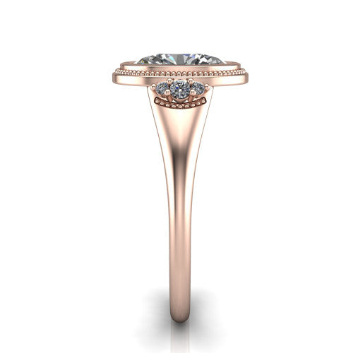 Elliana oval bezel-set solitaire engagement ring in 18K Rose Gold with squared milgrain bezel and pavé shoulders, side profile showing the milgrain bezel and split gallery