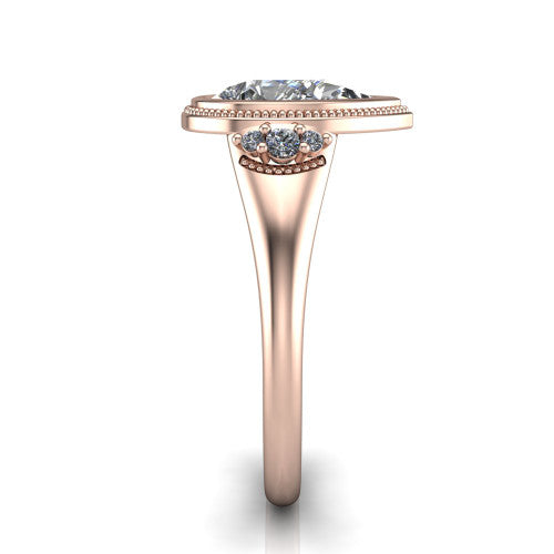 Elliana pear bezel-set solitaire engagement ring in 14K Rose Gold with squared milgrain bezel and pavé shoulders, side profile showing the milgrain bezel and split gallery