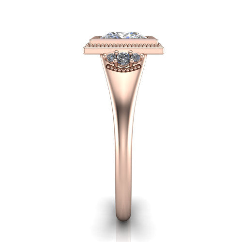 Elliana princess bezel-set solitaire engagement ring in 18K Rose Gold with squared milgrain bezel and pavé shoulders, side profile showing the milgrain bezel and split gallery