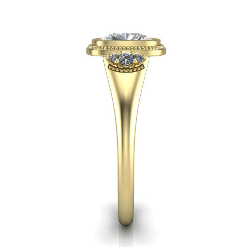 Elliana cushion bezel-set solitaire engagement ring in 18K Yellow Gold with squared milgrain bezel and pavé shoulders, side profile showing the milgrain bezel and split gallery