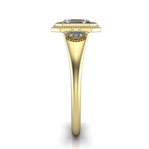 Elliana asscher bezel-set solitaire engagement ring in 18K Yellow Gold with squared milgrain bezel and pavé shoulders, side profile showing the milgrain bezel and split gallery