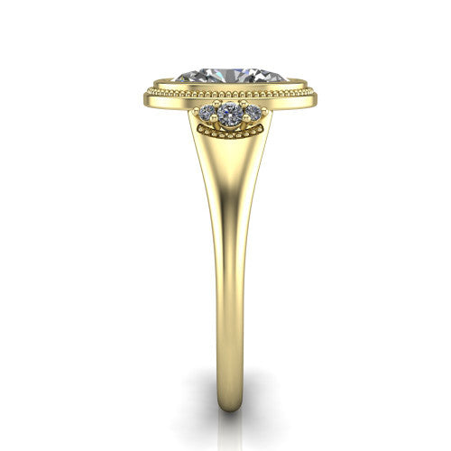 Elliana oval bezel-set solitaire engagement ring in 18K Yellow Gold with squared milgrain bezel and pavé shoulders, side profile showing the milgrain bezel and split gallery
