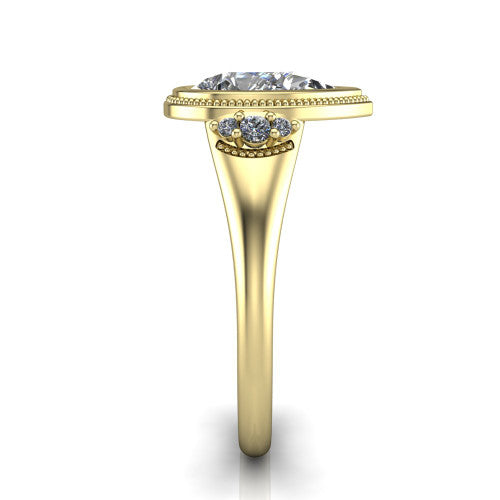 Elliana pear bezel-set solitaire engagement ring in 18K Yellow Gold with squared milgrain bezel and pavé shoulders, side profile showing the milgrain bezel and split gallery