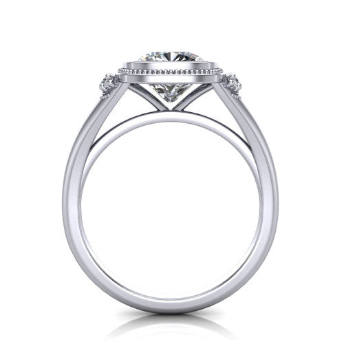 Elliana cushion bezel-set solitaire engagement ring in 18K White Gold with squared milgrain bezel and pavé shoulders, through-finger front profile