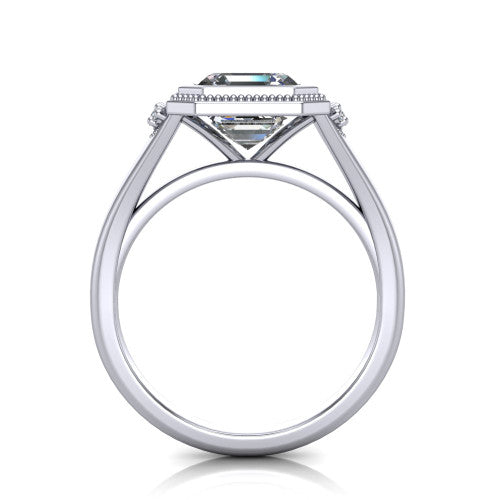 Elliana asscher bezel-set solitaire engagement ring in 18K White Gold with squared milgrain bezel and pavé shoulders, through-finger front profile