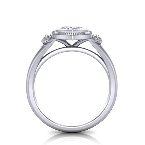 Elliana marquise bezel-set solitaire engagement ring in Platinum with squared milgrain bezel and pavé shoulders, through-finger front profile