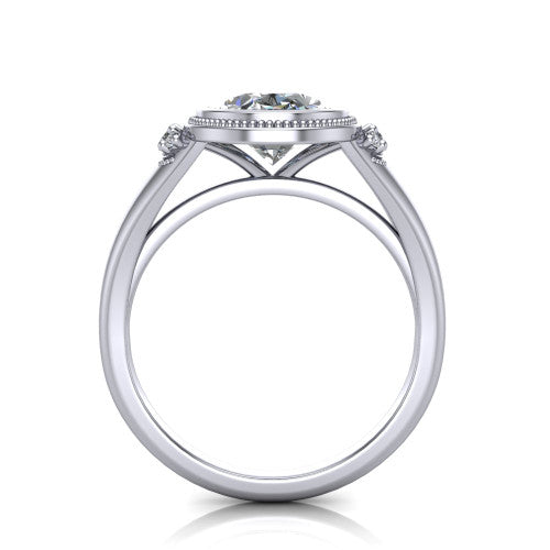 Elliana oval bezel-set solitaire engagement ring in Platinum with squared milgrain bezel and pavé shoulders, through-finger front profile