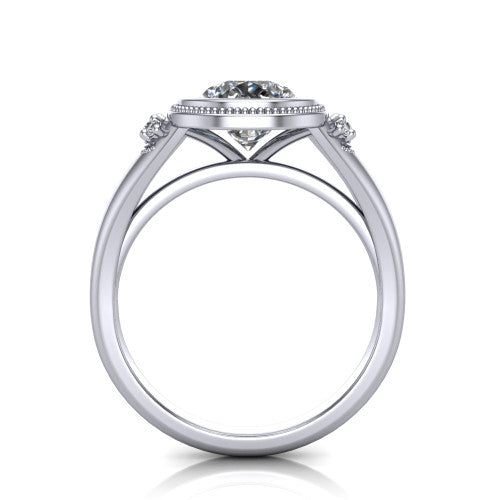Elliana pear bezel-set solitaire engagement ring in Platinum with squared milgrain bezel and pavé shoulders, through-finger front profile