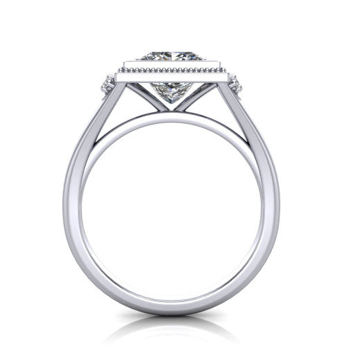 Elliana princess bezel-set solitaire engagement ring in Platinum with squared milgrain bezel and pavé shoulders, through-finger front profile