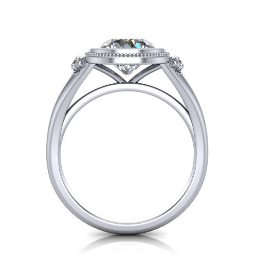 Elliana round bezel-set solitaire engagement ring in 18K White Gold with squared milgrain bezel and pavé shoulders, through-finger front profile