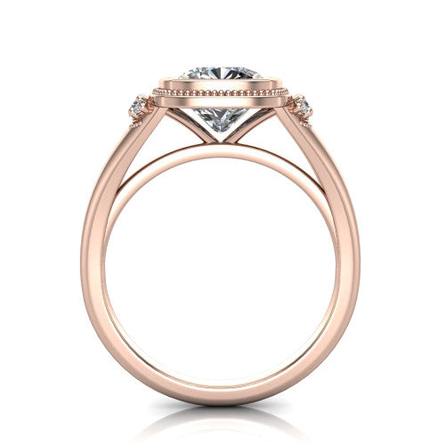 Elliana cushion bezel-set solitaire engagement ring in 18K Rose Gold with squared milgrain bezel and pavé shoulders, through-finger front profile