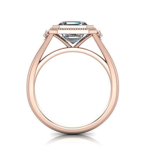 Elliana asscher bezel-set solitaire engagement ring in 14K Rose Gold with squared milgrain bezel and pavé shoulders, through-finger front profile