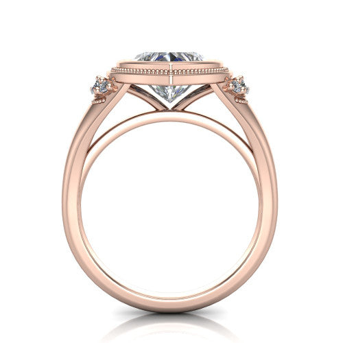 Elliana heart bezel-set solitaire engagement ring in 14K Rose Gold with squared milgrain bezel and pavé shoulders, through-finger front profile
