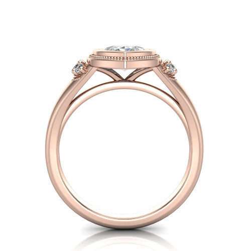 Elliana marquise bezel-set solitaire engagement ring in 14K Rose Gold with squared milgrain bezel and pavé shoulders, through-finger front profile