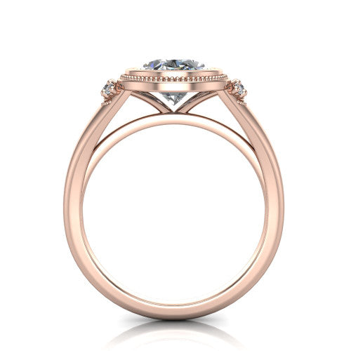 Elliana oval bezel-set solitaire engagement ring in 18K Rose Gold with squared milgrain bezel and pavé shoulders, through-finger front profile