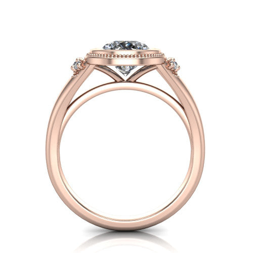 Elliana pear bezel-set solitaire engagement ring in 14K Rose Gold with squared milgrain bezel and pavé shoulders, through-finger front profile