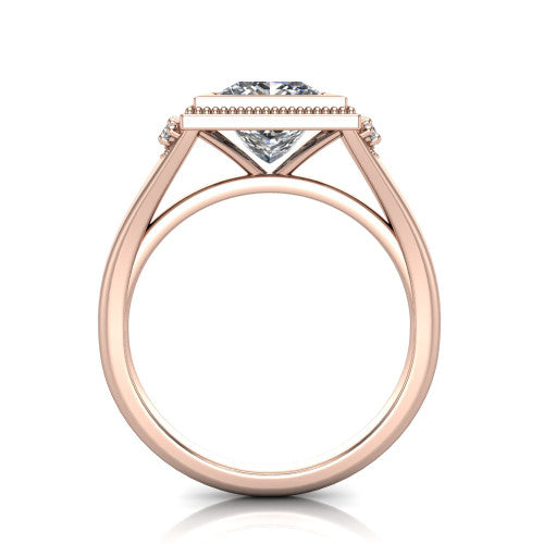 Elliana princess bezel-set solitaire engagement ring in 18K Rose Gold with squared milgrain bezel and pavé shoulders, through-finger front profile