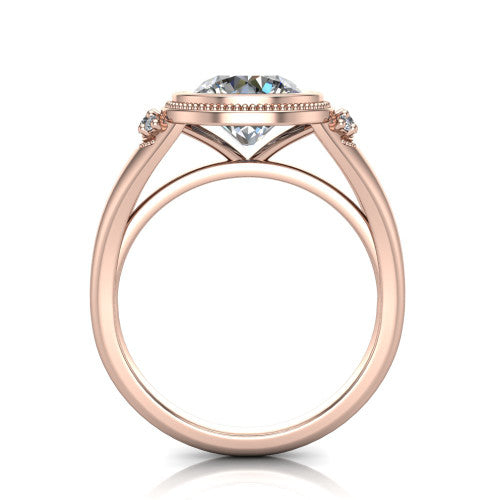 Elliana round bezel-set solitaire engagement ring in 14K Rose Gold with squared milgrain bezel and pavé shoulders, through-finger front profile