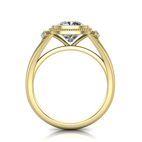 Elliana cushion bezel-set solitaire engagement ring in 18K Yellow Gold with squared milgrain bezel and pavé shoulders, through-finger front profile
