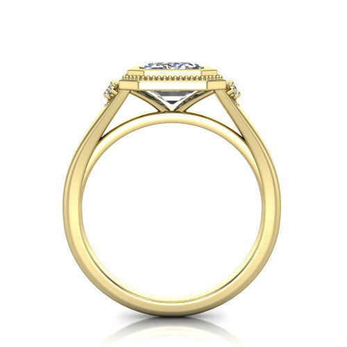 Elliana emerald bezel-set solitaire engagement ring in 18K Yellow Gold with squared milgrain bezel and pavé shoulders, through-finger front profile