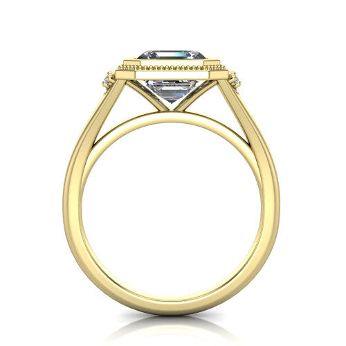 Elliana asscher bezel-set solitaire engagement ring in 18K Yellow Gold with squared milgrain bezel and pavé shoulders, through-finger front profile