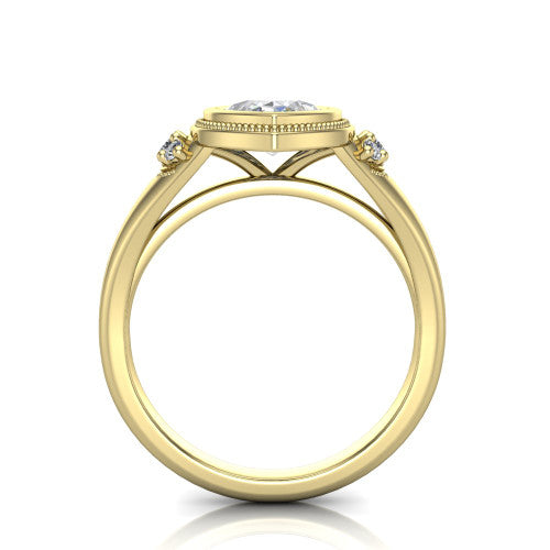 Elliana marquise bezel-set solitaire engagement ring in 18K Yellow Gold with squared milgrain bezel and pavé shoulders, through-finger front profile