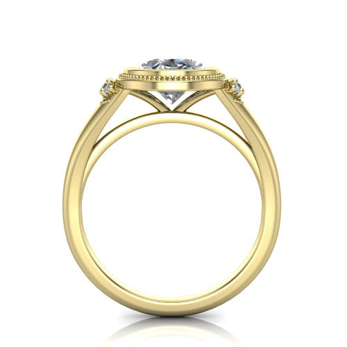 Elliana oval bezel-set solitaire engagement ring in 18K Yellow Gold with squared milgrain bezel and pavé shoulders, through-finger front profile