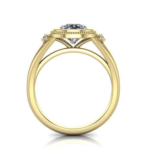 Elliana pear bezel-set solitaire engagement ring in 14K Yellow Gold with squared milgrain bezel and pavé shoulders, through-finger front profile