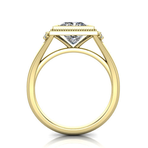 Elliana princess bezel-set solitaire engagement ring in 14K Yellow Gold with squared milgrain bezel and pavé shoulders, through-finger front profile