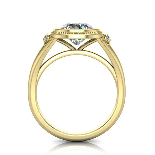 Elliana round bezel-set solitaire engagement ring in 18K Yellow Gold with squared milgrain bezel and pavé shoulders, through-finger front profile