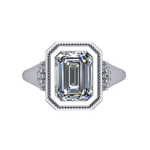 Elliana emerald bezel-set solitaire engagement ring in Platinum with squared milgrain bezel and pavé shoulders, top-down view of the squared milgrain bezel and pavé shoulder fans