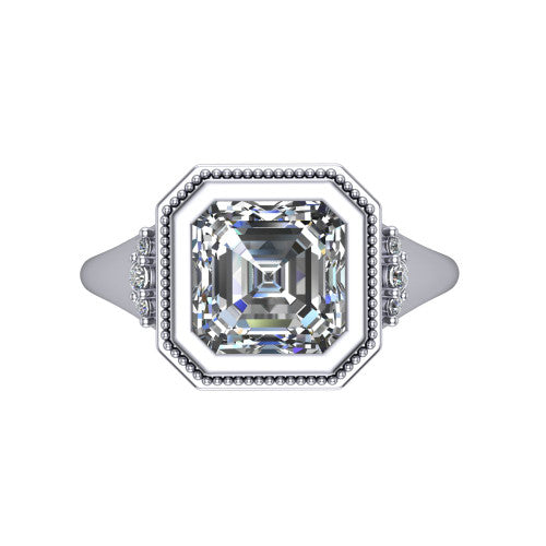 Elliana asscher bezel-set solitaire engagement ring in 18K White Gold with squared milgrain bezel and pavé shoulders, top-down view of the squared milgrain bezel and pavé shoulder fans