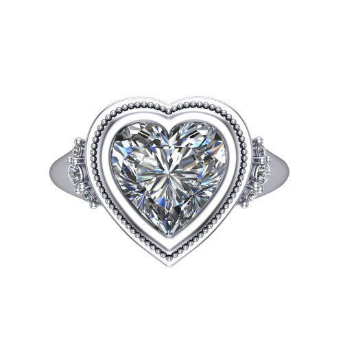 Elliana heart bezel-set solitaire engagement ring in Platinum with squared milgrain bezel and pavé shoulders, top-down view of the squared milgrain bezel and pavé shoulder fans