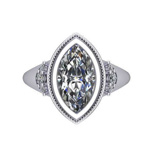 Elliana marquise bezel-set solitaire engagement ring in 14K White Gold with squared milgrain bezel and pavé shoulders, top-down view of the squared milgrain bezel and pavé shoulder fans