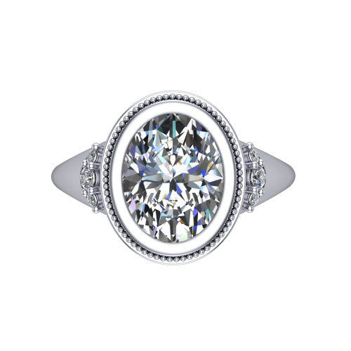 Elliana oval bezel-set solitaire engagement ring in 18K White Gold with squared milgrain bezel and pavé shoulders, top-down view of the squared milgrain bezel and pavé shoulder fans