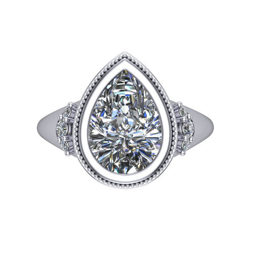 Elliana pear bezel-set solitaire engagement ring in 18K White Gold with squared milgrain bezel and pavé shoulders, top-down view of the squared milgrain bezel and pavé shoulder fans