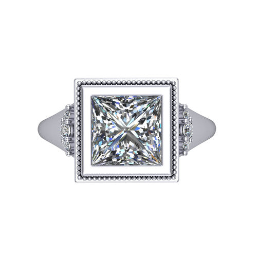 Elliana princess bezel-set solitaire engagement ring in 14K White Gold with squared milgrain bezel and pavé shoulders, top-down view of the squared milgrain bezel and pavé shoulder fans