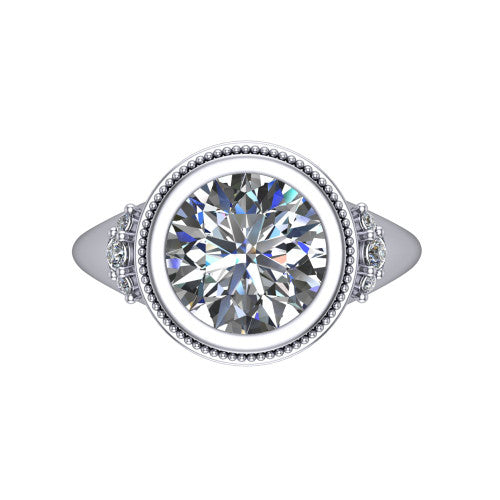 Elliana round bezel-set solitaire engagement ring in 18K White Gold with squared milgrain bezel and pavé shoulders, top-down view of the squared milgrain bezel and pavé shoulder fans