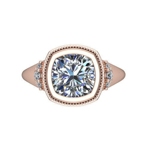 Elliana cushion bezel-set solitaire engagement ring in 18K Rose Gold with squared milgrain bezel and pavé shoulders, top-down view of the squared milgrain bezel and pavé shoulder fans