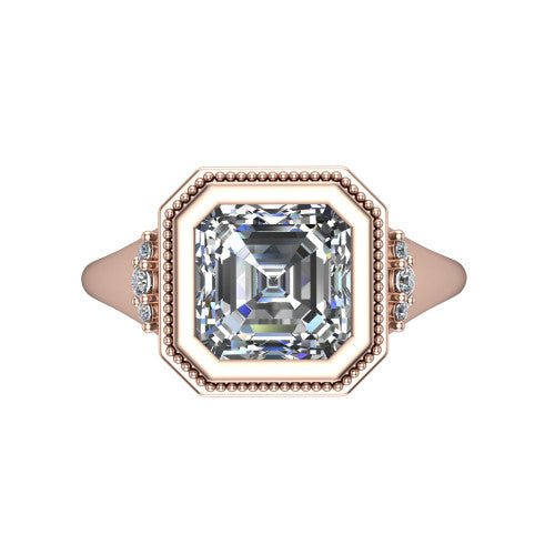 Elliana asscher bezel-set solitaire engagement ring in 14K Rose Gold with squared milgrain bezel and pavé shoulders, top-down view of the squared milgrain bezel and pavé shoulder fans