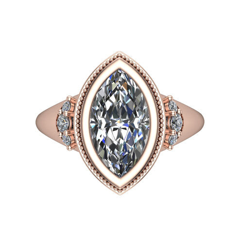 Elliana marquise bezel-set solitaire engagement ring in 18K Rose Gold with squared milgrain bezel and pavé shoulders, top-down view of the squared milgrain bezel and pavé shoulder fans