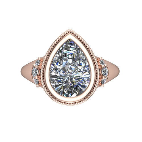 Elliana pear bezel-set solitaire engagement ring in 18K Rose Gold with squared milgrain bezel and pavé shoulders, top-down view of the squared milgrain bezel and pavé shoulder fans