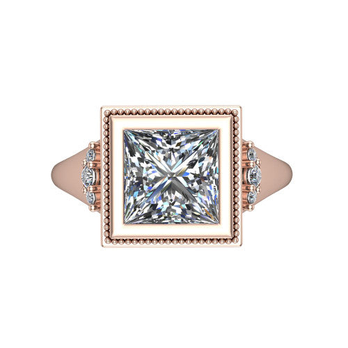 Elliana princess bezel-set solitaire engagement ring in 18K Rose Gold with squared milgrain bezel and pavé shoulders, top-down view of the squared milgrain bezel and pavé shoulder fans