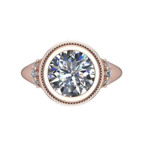 Elliana round bezel-set solitaire engagement ring in 14K Rose Gold with squared milgrain bezel and pavé shoulders, top-down view of the squared milgrain bezel and pavé shoulder fans