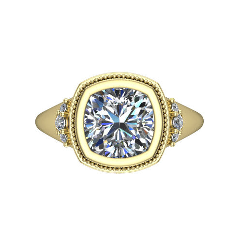 Elliana cushion bezel-set solitaire engagement ring in 18K Yellow Gold with squared milgrain bezel and pavé shoulders, top-down view of the squared milgrain bezel and pavé shoulder fans