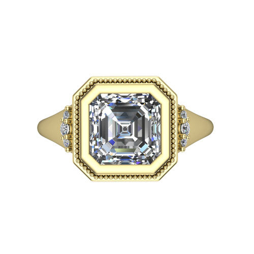 Elliana asscher bezel-set solitaire engagement ring in 14K Yellow Gold with squared milgrain bezel and pavé shoulders, top-down view of the squared milgrain bezel and pavé shoulder fans