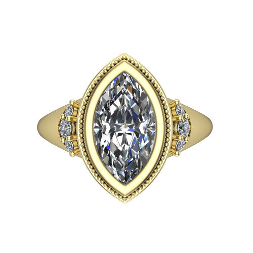 Elliana marquise bezel-set solitaire engagement ring in 14K Yellow Gold with squared milgrain bezel and pavé shoulders, top-down view of the squared milgrain bezel and pavé shoulder fans