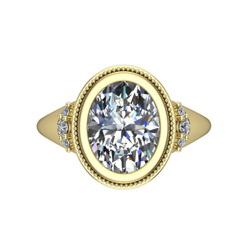 Elliana oval bezel-set solitaire engagement ring in 14K Yellow Gold with squared milgrain bezel and pavé shoulders, top-down view of the squared milgrain bezel and pavé shoulder fans